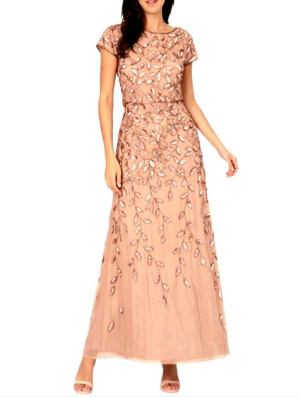 Adrianna Papell Beaded Blouson Maxi Gown Rose Gold. Size 6